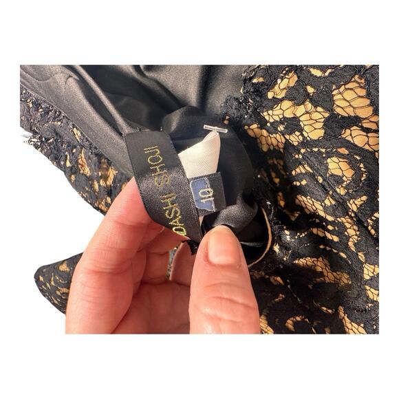 Tadashi shoji Black Nude Lace Dress Women’s 10 Floor Length Slit Special Goth - Picture 9 of 14